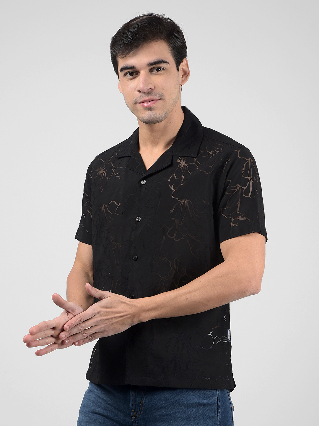Numero Uno Men Floral Print Black Shirt